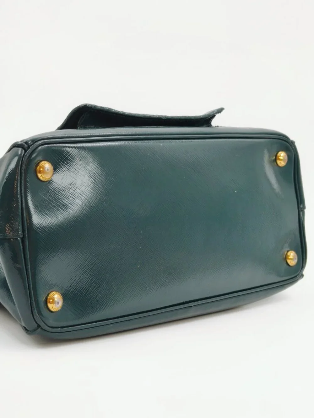 PRADA Vintage Green Saffiano Patent Leather Top Handle Handbag Gold Hardware